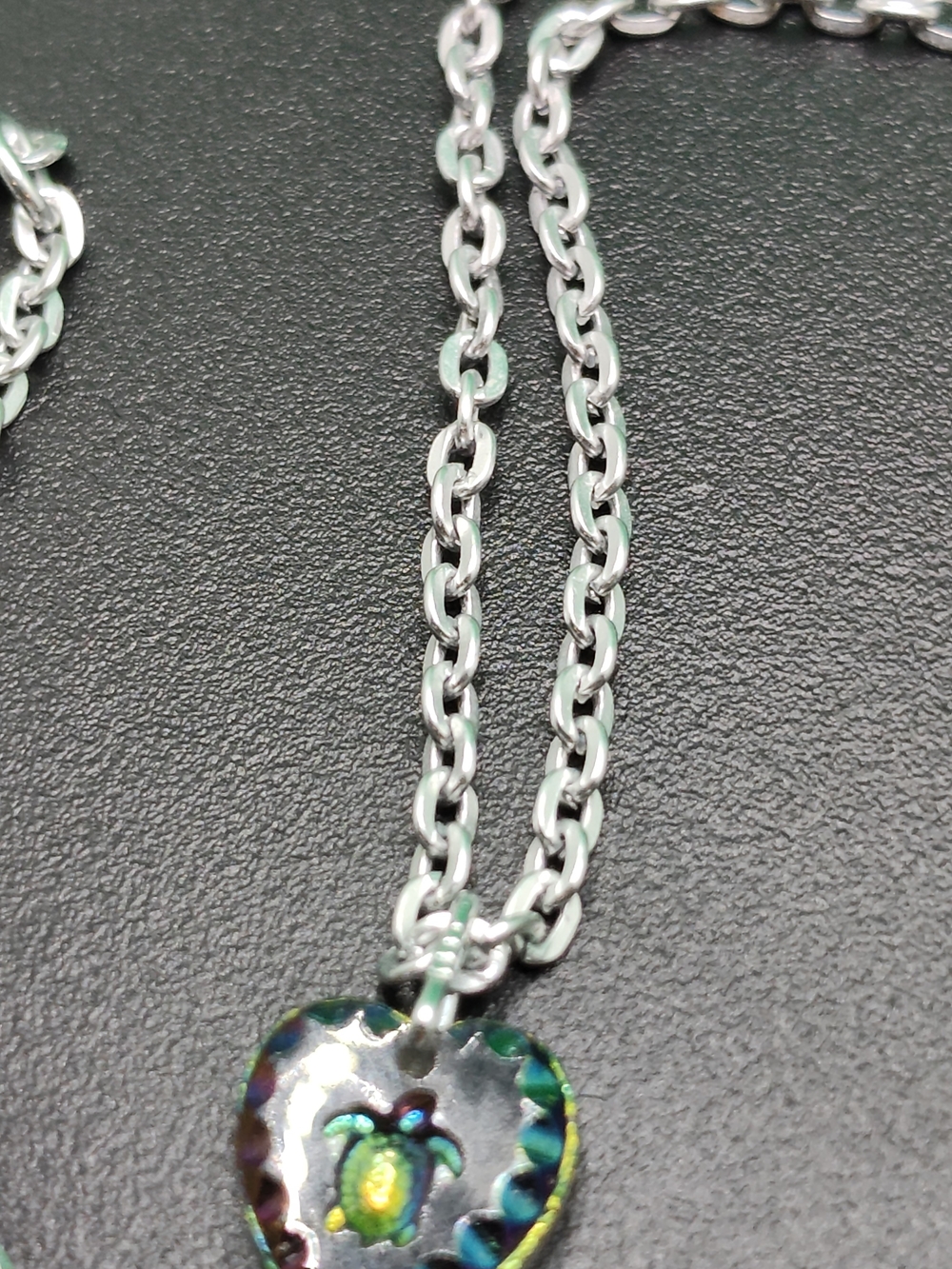 Silver Chain Heart Pendant Necklace with Colorful Turtle Accent